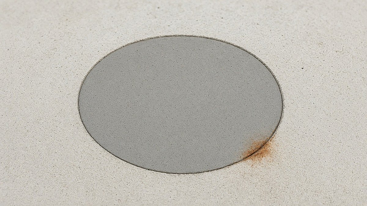 Rust stain and neat patch on pale concrete